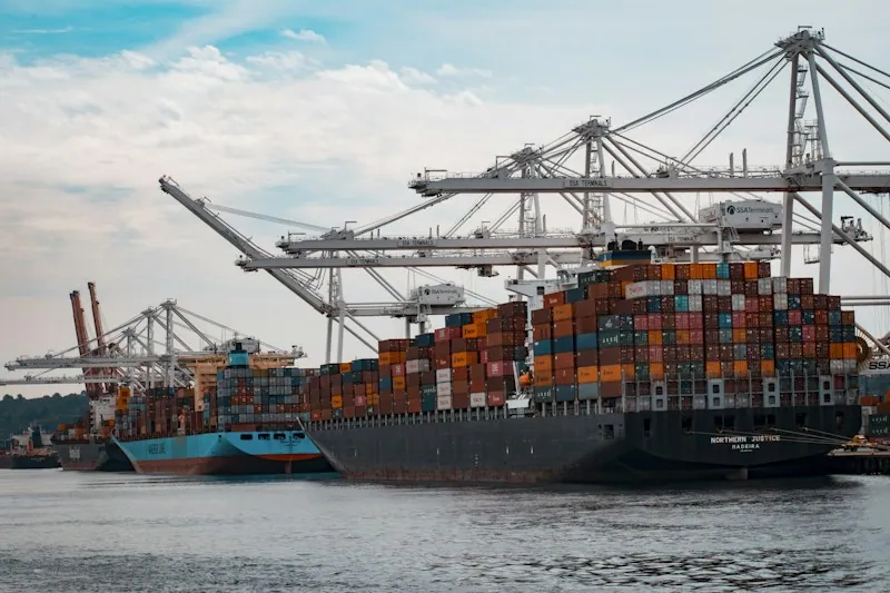 Cargo containers at a busy international shipping port