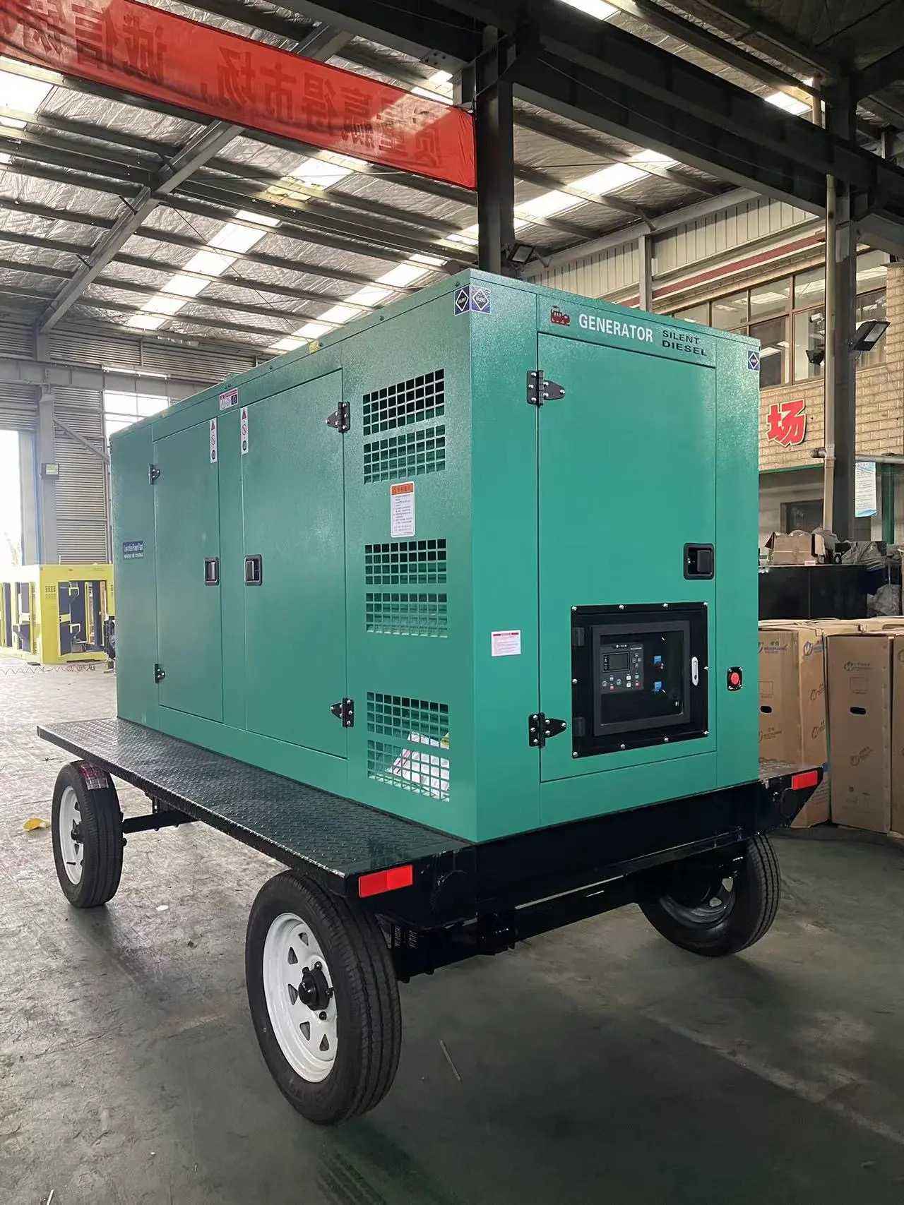 Green soundproof canopy diesel generator on a four wheel trailer with a controller panel behind a lockable door