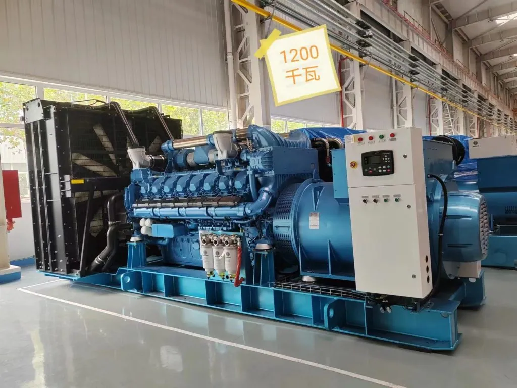 Cummins blue diesel generator set installed in factory workshop.