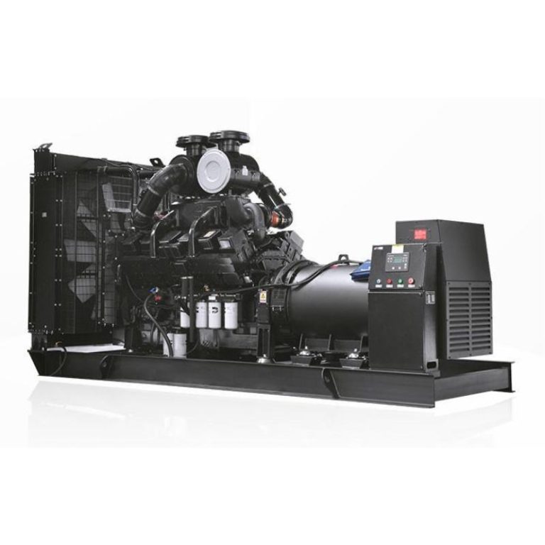 Sound-attenuated standby generator enclosure with louvres and exhaust stack beside a mid-rise building plant room