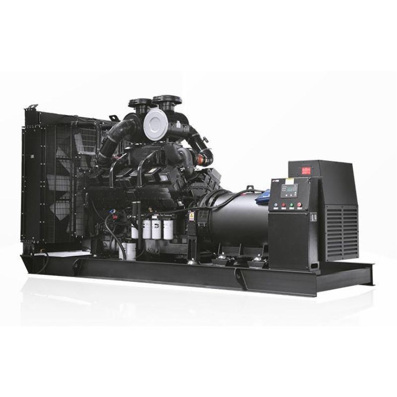Open-frame diesel generator set on a concrete base with control panel and radiator at one end