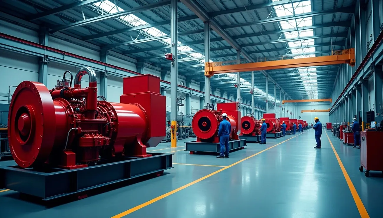 Containerised diesel generator sets with acoustic enclosures lined up at a manufacturing and dispatch yard