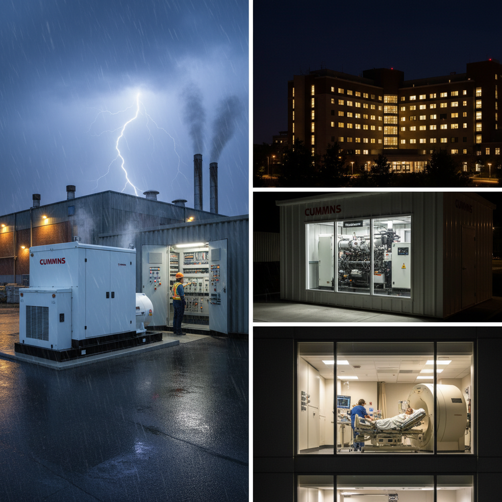 Silent canopy diesel generator set installed outdoors beside a hospital building and a container power plant