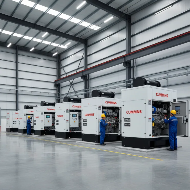 Industrial diesel generator set installed inside a white containerised plant room enclosure.