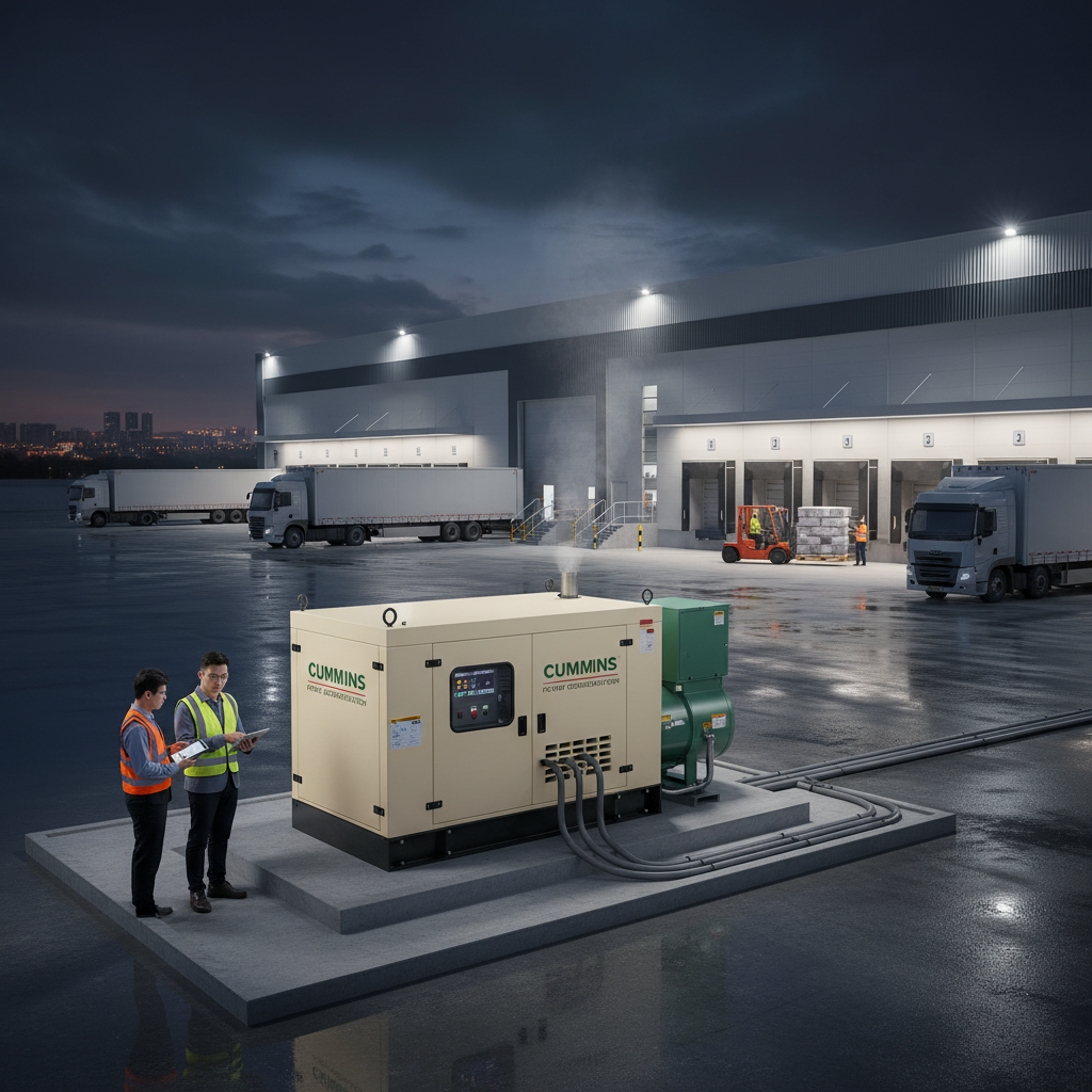 Enclosed canopy diesel generator set on a concrete plinth at a lit warehouse loading dock at night