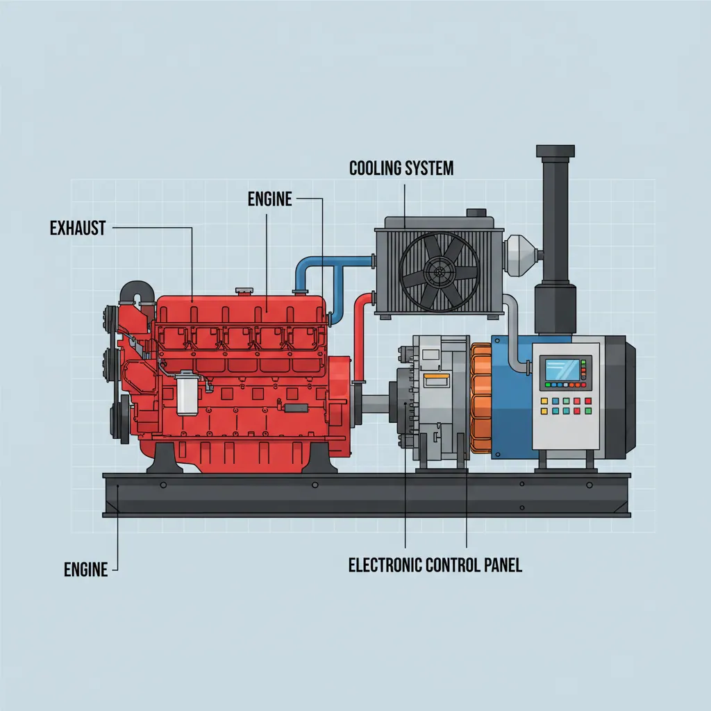 Schematic of a 500KW Cummins diesel generator set with labeled components