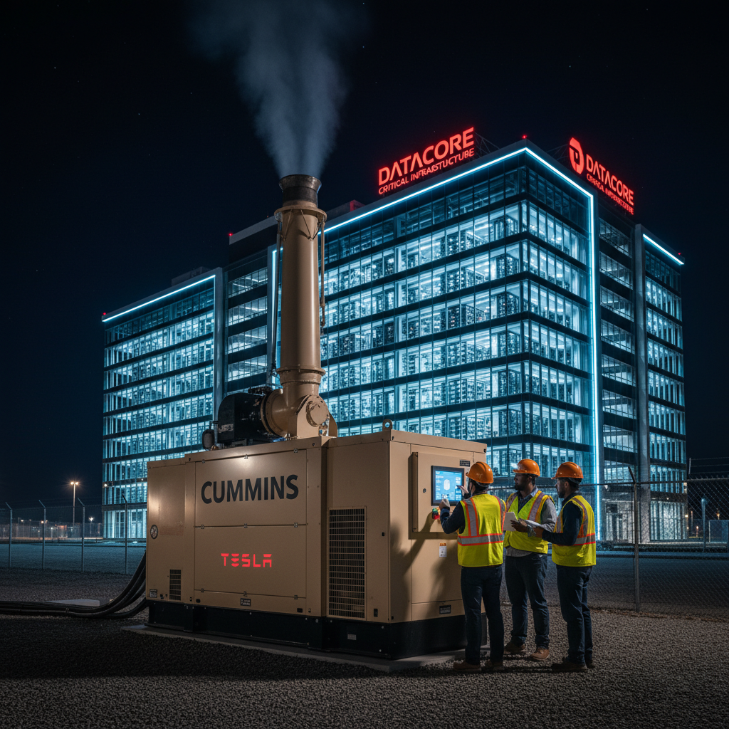 Enclosed canopy diesel generator set installed at a data centre campus with a technician checking the control panel